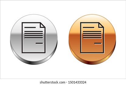 Black line Document icon isolated on white background. File icon. Checklist icon. Business concept.  Silver-gold circle button. Vector Illustration