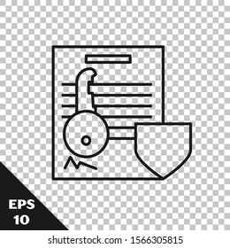 Black line Document with key with shield icon isolated on transparent background. Key insurance. Security, safety, protection, protect concept.  Vector Illustration