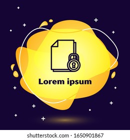 Icono de documento y bloqueo de línea negra aislado en fondo azul. Formato de archivo y candado. Concepto de seguridad, seguridad y protección. Pancarta abstracta con formas líquidas.  Ilustración vectorial