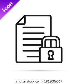 Black line Document and lock icon isolated on white background. File format and padlock. Security, safety, protection concept.  Vector