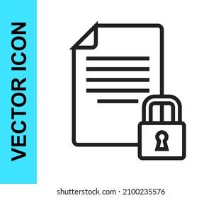 Black line Document and lock icon isolated on white background. File format and padlock. Security, safety, protection concept.  Vector