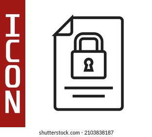 Black line Document and lock icon isolated on white background. File format and padlock. Security, safety, protection concept.  Vector