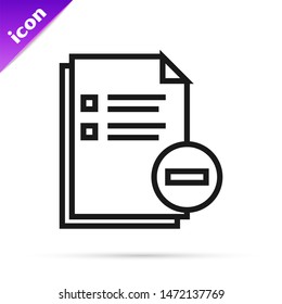 Black line Document with minus icon isolated on white background. Clear document. Remove file document. Delete information file.  Vector Illustration