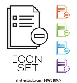 Black line Document with minus icon isolated on white background. Clear document. Remove file document. Delete information file. Set icons colorful. Vector Illustration