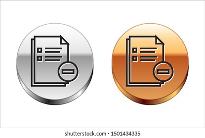 Black line Document with minus icon isolated on white background. Clear document. Remove file document. Delete information file. Silver-gold circle button. Vector Illustration