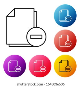 Black line Document with minus icon isolated on white background. Clear document. Remove file document. Delete information file. Set icons colorful circle buttons. Vector Illustration
