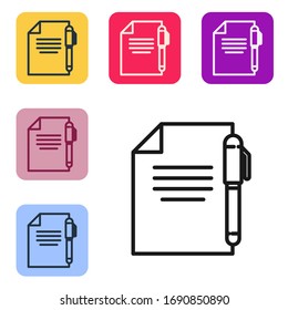 Icono de documento y lápiz de línea negra aislado en fondo blanco. Icono de archivo.Icono de lista de comprobación. Concepto de negocio. Establecer iconos en botones cuadrados de color. Ilustración vectorial