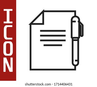 Black line Document and pen icon isolated on white background. File icon. Checklist icon. Business concept.  Vector Illustration