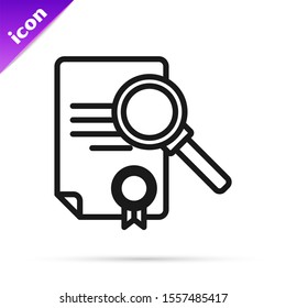 Black line Document with search icon isolated on white background. File and magnifying glass icon. Analytics research sign.  Vector Illustration
