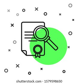 Black line Document with search icon isolated on white background. File and magnifying glass icon. Analytics research sign.  Vector Illustration