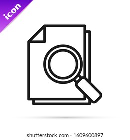 Black line Document with search icon isolated on white background. File and magnifying glass icon. Analytics research sign.  Vector Illustration