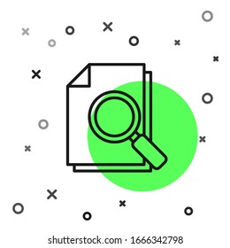 Black line Document with search icon isolated on white background. File and magnifying glass icon. Analytics research sign.  Vector Illustration