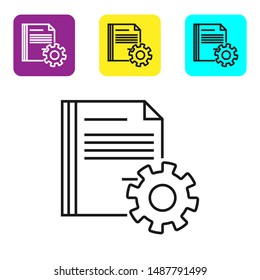 Black line Document settings with gears icon isolated on white background. Software update, transfer protocol, teamwork tool management. Set icons colorful square buttons. Vector Illustration