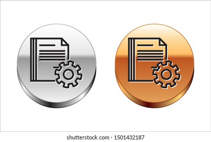 Black line Document settings with gears icon isolated on white background. Software update, transfer protocol, teamwork tool management. Silver-gold circle button. Vector Illustration