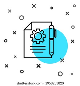 Black line Document settings with gears icon isolated on white background. Software update, transfer protocol, teamwork tool management. Random dynamic shapes. Vector Illustration
