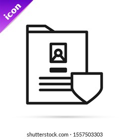 Black line Document with shield icon isolated on white background. Insurance concept. Security, safety, protection, protect concept.  Vector Illustration