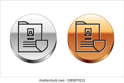 Black line Document with shield icon isolated on white background. Insurance concept. Security, safety, protection, protect concept. Silver-gold circle button. Vector Illustration