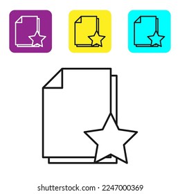 Documento de línea negra con icono de estrella aislado en fondo blanco. Mejor documento, favorito, símbolo de clasificación. Establezca los iconos con los botones cuadrados coloridos. Ilustración vectorial