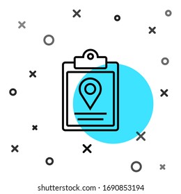 Black line Document tracking marker system icon isolated on white background. Parcel tracking. Random dynamic shapes. Vector Illustration