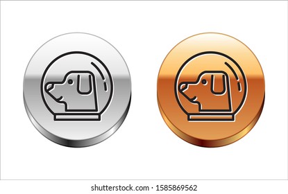 Black line Dog in astronaut helmet icon isolated on white background. Silver-gold circle button. Vector Illustration