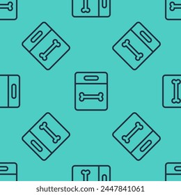 Black line Dog bone icon isolated seamless pattern on green background. Pets food symbol.  Vector