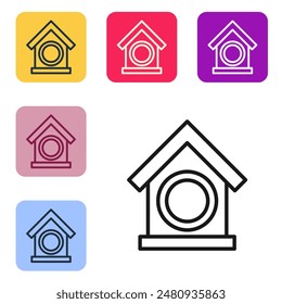Black line Dog house icon isolated on white background. Dog kennel. Set icons in color square buttons. Vector