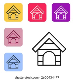 Black line Dog house icon isolated on white background. Dog kennel. Set icons in color square buttons. Vector