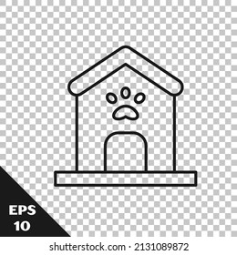 Black line Dog house and paw print pet icon isolated on transparent background. Dog kennel.  Vector