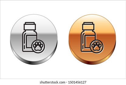 Black line Dog medicine bottle icon isolated on white background. Container with pills. Prescription medicine for animal. Silver-gold circle button. Vector Illustration