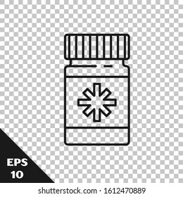 Black line Dog medicine bottle and pills icon isolated on transparent background. Container with pills. Prescription medicine for animal.  Vector Illustration