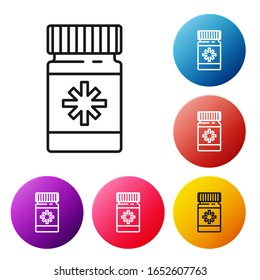 Black line Dog medicine bottle and pills icon isolated on white background. Container with pills. Prescription medicine for animal. Set icons colorful circle buttons. Vector Illustration