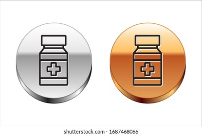 Black line Dog medicine bottle and pills icon isolated on white background. Container with pills. Prescription medicine for animal. Silver-gold circle button. Vector Illustration