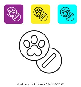 Black line Dog and pills icon isolated on white background. Prescription medicine for animal. Set icons colorful square buttons. Vector Illustration