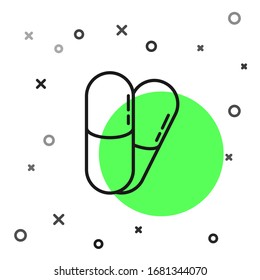 Black line Dog and pills icon isolated on white background. Prescription medicine for animal.  Vector Illustration