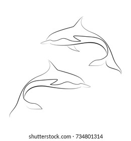 Black line dolphins on white background. Hand drawing vector graphic animal.