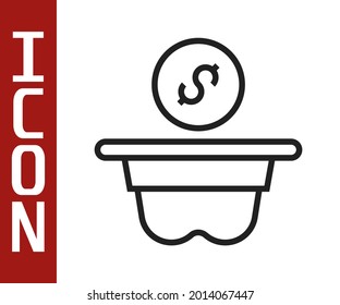 Black line Donation money icon isolated on white background. Hand give money as donation symbol. Donate money and charity concept.  Vector