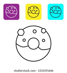 Black line Donut with sweet glaze icon isolated on white background. Set icons colorful square buttons. Vector Illustration