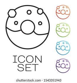 Black line Donut with sweet glaze icon isolated on white background. Set icons colorful. Vector Illustration