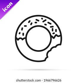 Black line Donut with sweet glaze icon isolated on white background.  Vector