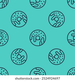 Black line Donut with sweet glaze icon isolated seamless pattern on green background.  Vector