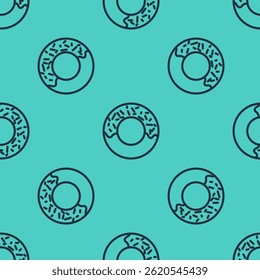 Black line Donut with sweet glaze icon isolated seamless pattern on green background.  Vector Illustration