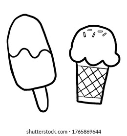 Black line doodle cartoon two ice cream. Simple hand drawn for coloring, decoration or any design. Vector illustration about kid art.