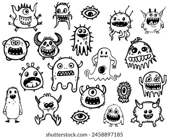 black line of doodle cute monsters.