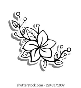 Black line doodle Flower with Leaves and Pollen on white silhouette and gray shadow. Hand drawn cartoon style. Vector illustration for decorate, coloring and any design.