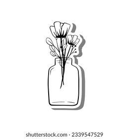 Black line doodle Flowers in Bottle on white silhouette and gray shadow. Hand drawn cartoon style. Vector illustration for decorate and any design.