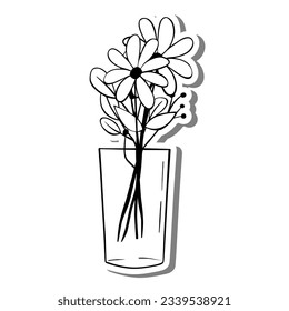 Black line doodle Flowers in Glass on white silhouette and gray shadow. Hand drawn cartoon style. Vector illustration for decorate and any design.