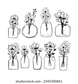 Black line doodle Flowers in Jar on white background. Vector illustration about nature.