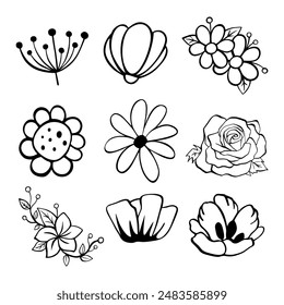 Black line doodle flowers and leaves on white background. Vector illustration about nature.