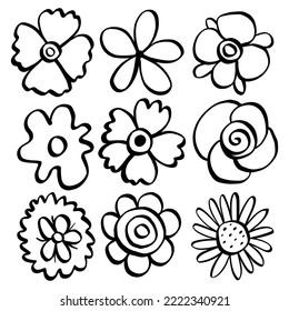 Black line doodle flowers on white background. Vector illustration about nature.