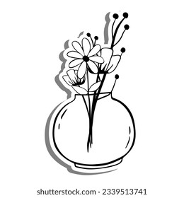 Black line doodle Flowers in Round Jar on white silhouette and gray shadow. Hand drawn cartoon style. Vector illustration for decorate and any design.